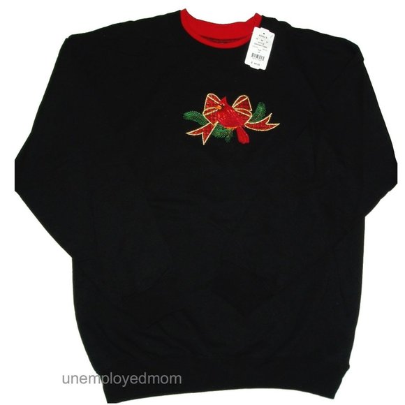 XL Red Cardinal Bow Holiday Sweatshirt Top Graphic Women's Sweater Christmas - Picture 1 of 6